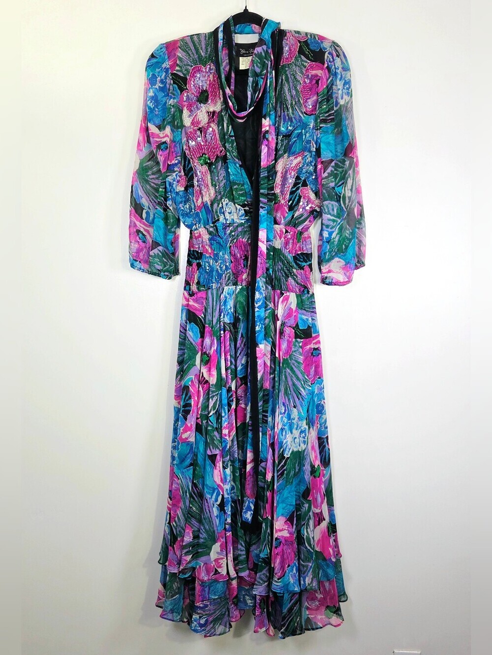 VINTAGE 80's DIANE FREIS SILK FLORAL BEADED SEQUINED SMOCKED BOHO DRESS